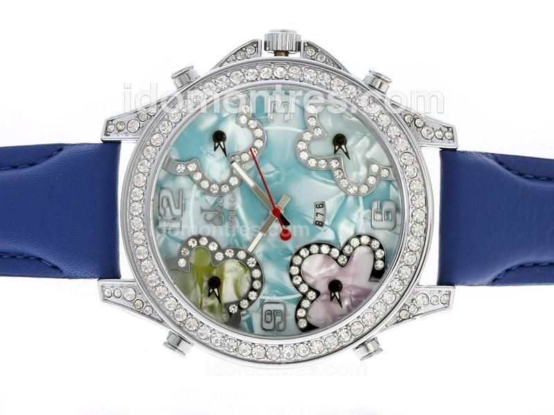 Jacob & Co Classic Five Time Zone Diamond Bezel and Blue MOP Dial with Leather Strap