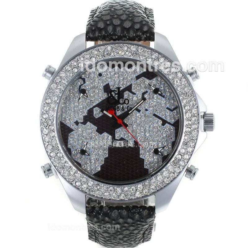 Jacob & Co Classic Five Time Zone Diamond Bezel and Dial with Black Leather Strap-Flower Illustration