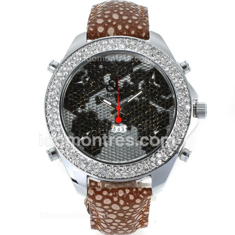 Jacob & Co Classic Five Time Zone Diamond Bezel and Dial with Brown Leather Strap-Flower Illustration