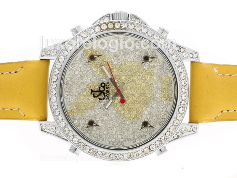 Jacob & Co Classic Five Time Zone Diamond Bezel and Dial with Leather Strap-Yellow Rabbit Illustration