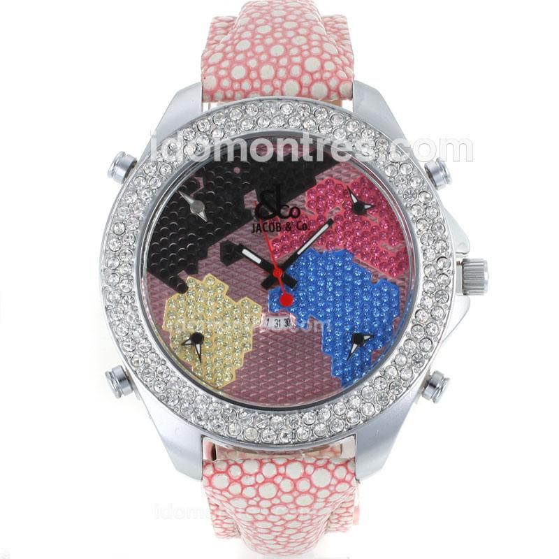 Jacob & Co Classic Five Time Zone Diamond Bezel and Dial with Pink Leather Strap-Flower Illustration