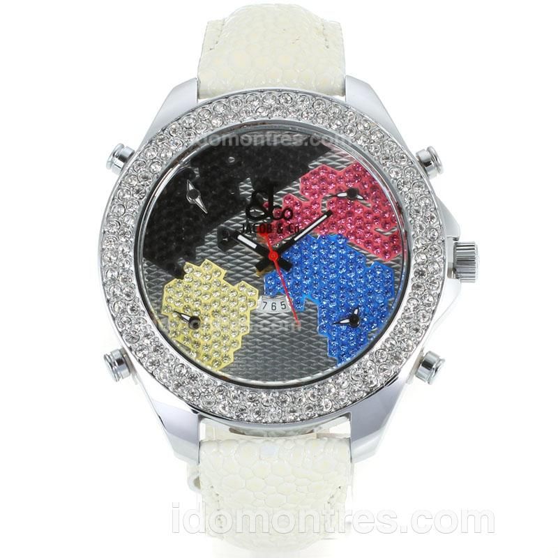 Jacob & Co Classic Five Time Zone Diamond Bezel and Dial with White Leather Strap-Flower Illustration