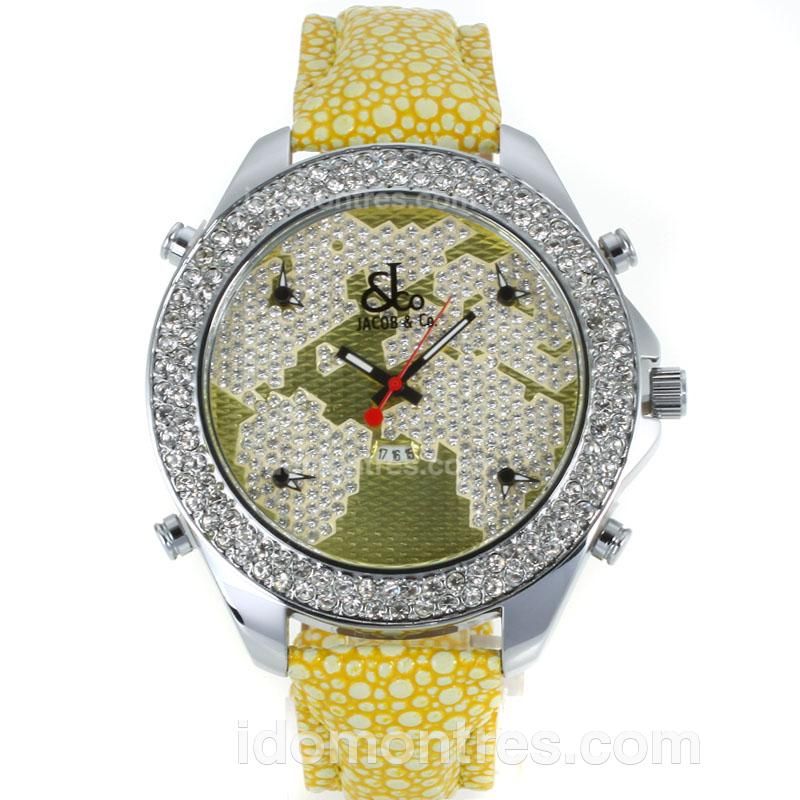 Jacob & Co Classic Five Time Zone Diamond Bezel and Dial with Yellow Leather Strap-Flower Illustration