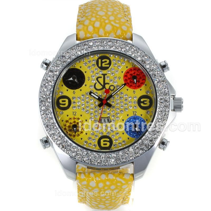 Jacob & Co Classic Five Time Zone Diamond Bezel and Dial-Yellow Leather Strap