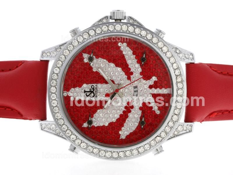 Jacob & Co Classic Five Time Zone Diamond Bezel and Red Dial with Leather Strap-Maple Illustration