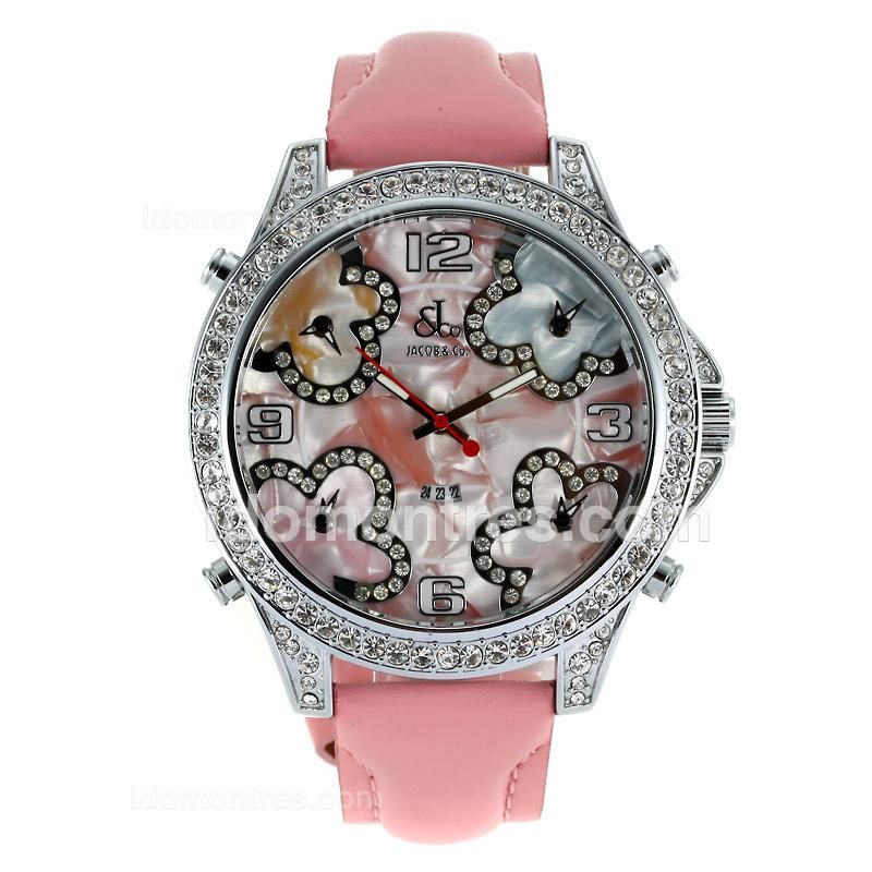 Jacob & Co Classic Five Time Zone Diamond Bezel Pink MOP Dial with Leather Strap