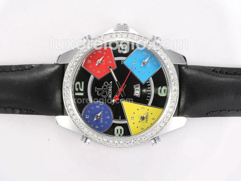 Jacob & Co Classic Five Time Zone Diamond Bezel with Black Dial and Strap