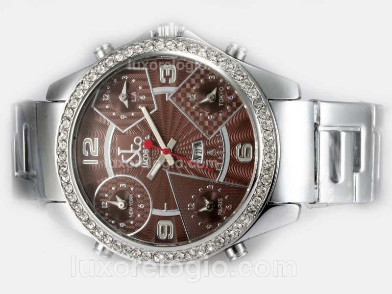 Jacob & Co Classic Five Time Zone Diamond Bezel with Brown Dial