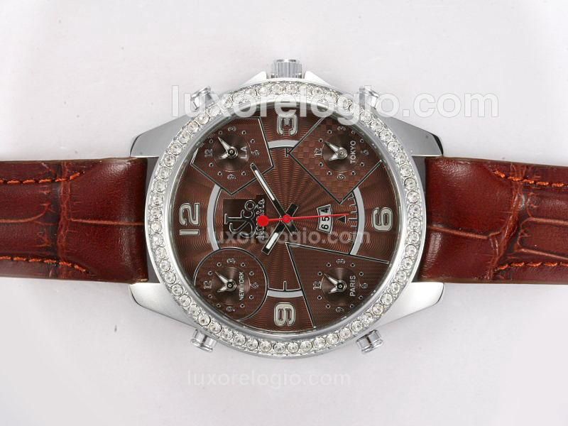 Jacob & Co Classic Five Time Zone Diamond Bezel with Brown Dial and Strap