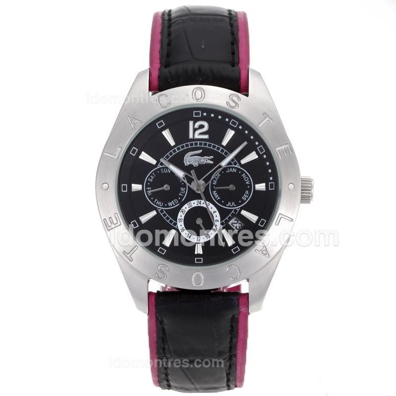 Lacoste Automatic Stick Markes with Black Dial-Black Leather Strap