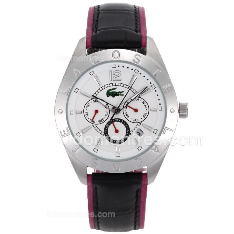 Lacoste Automatic Stick Markes with White Dial-Black Leather Strap