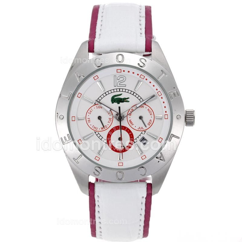 Lacoste Automatic Stick Markes with White Dial-White Leather Strap