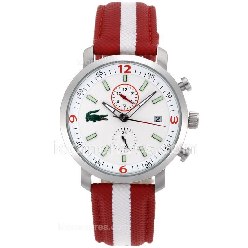 Lacoste Automatic Stick Markes with White Dial-Red Leather Strap