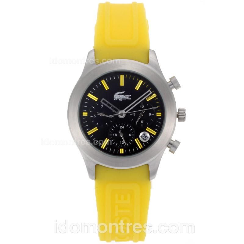 Lacoste Automatic Yellow Stick Markes with Black Dial-Yellow Rubber Strap