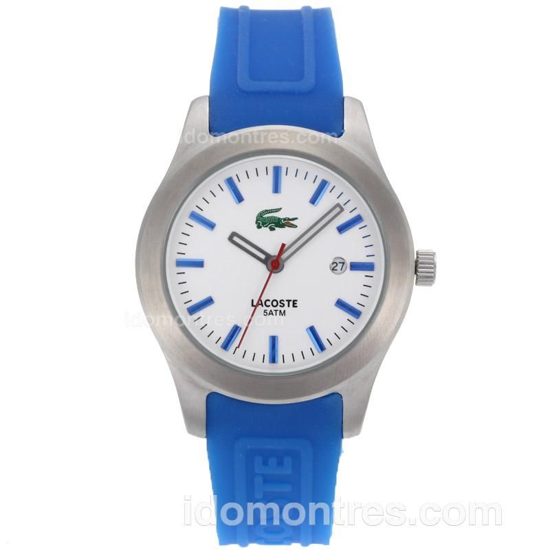 Lacoste Blue Stick Markes with White Dial-Blue Rubber Strap