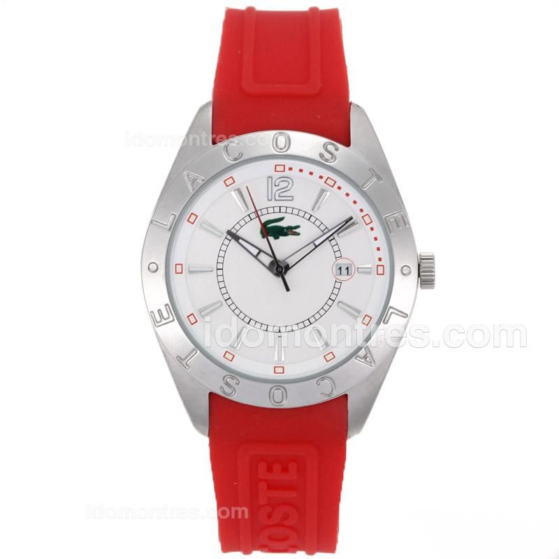 Lacoste Stick Markes with White Dial-Red Rubber Strap