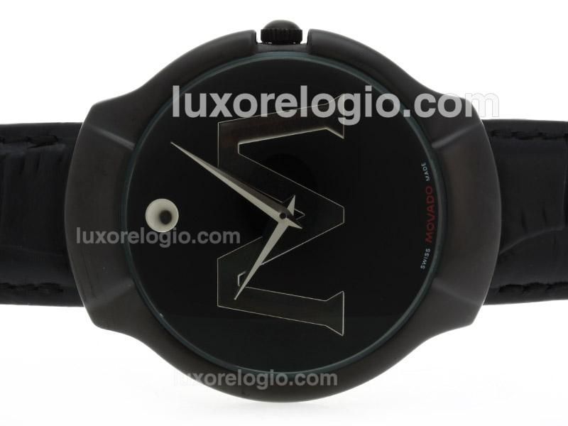 Movado Classic PVD Case with Black Dial-Leather Strap