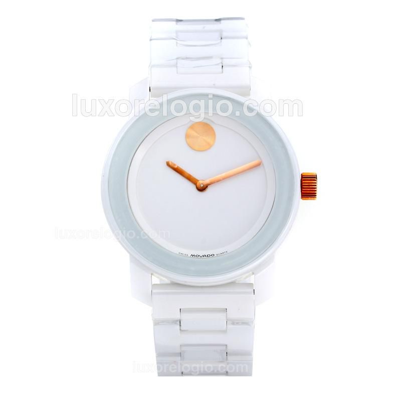 Movado Full Ceramic with White Dial-Champagne Needle