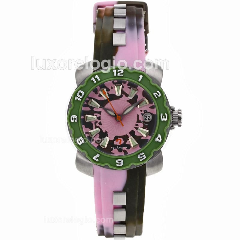 Nubeo Adventure Green Bezel Pink Dial with Rubber Strap-Lady Size