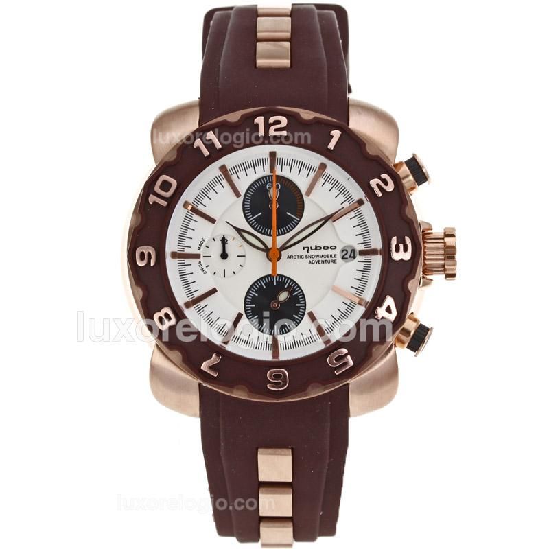 Nubeo Adventure Working Chronograph Rose Gold Case Brown Bezel with White Dial-Brown Rubber Strap