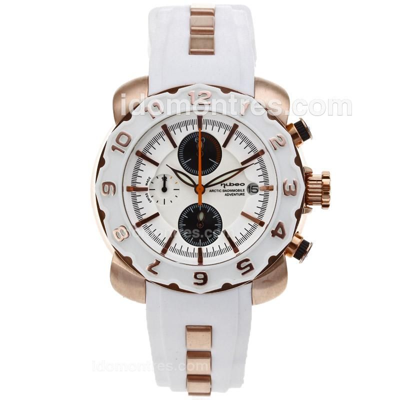 Nubeo Adventure Working Chronograph Rose Gold Case White Bezel with White Dial-White Rubber Strap