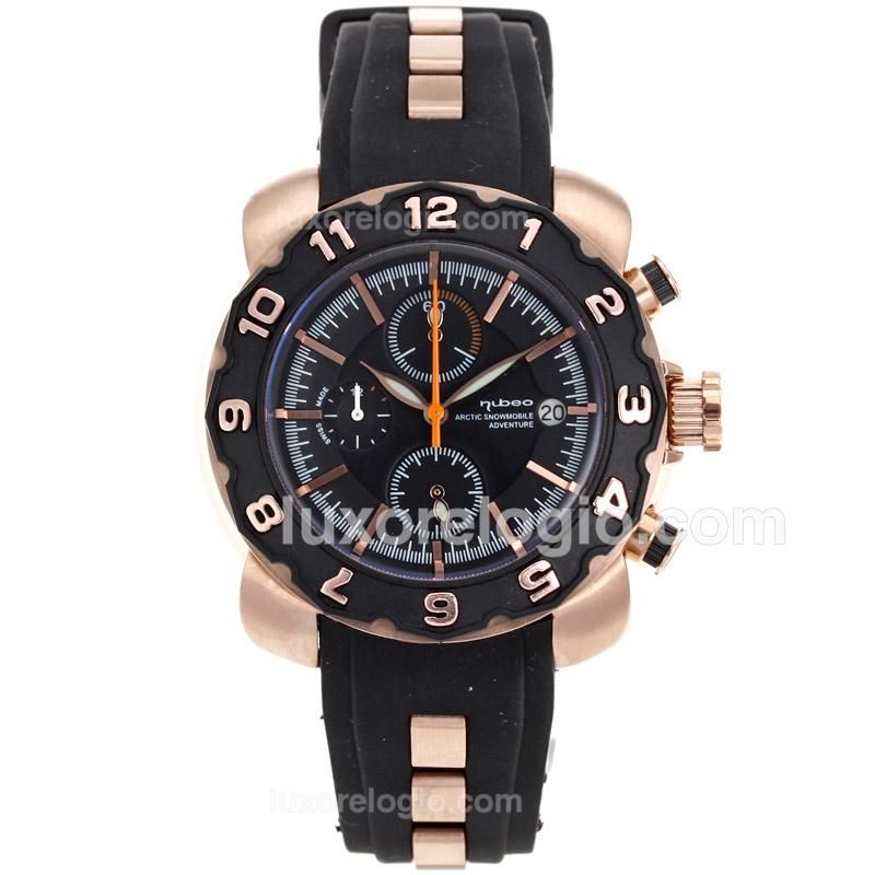 Nubeo Adventure Working Chronograph Rose Gold Case Black Bezel with Black Dial-Black Rubber Strap