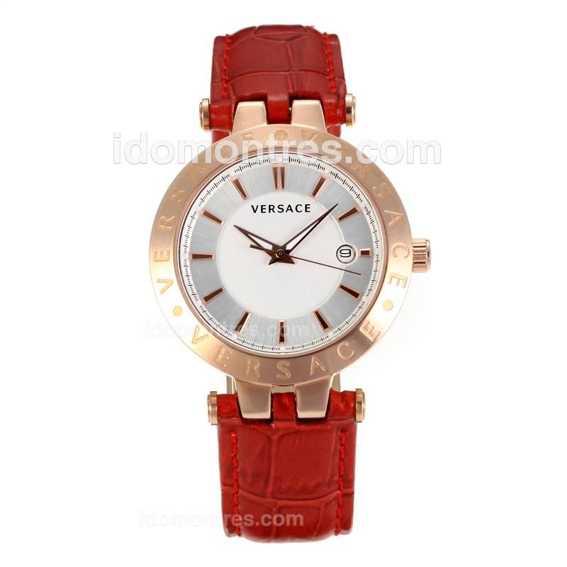 Versace Classic Rose Gold Case with White Dial-Browm Leather Strap