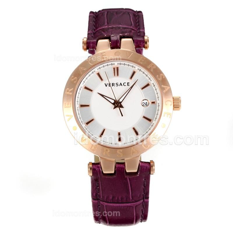 Versace Classic Rose Gold Case with White Dial-Dark Brown Leather Strap