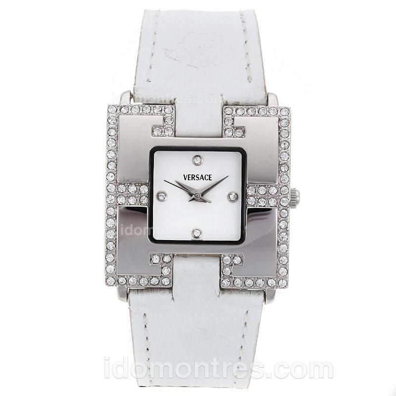 Versace Diamond Bezel and Markers with White Dial-Leather Strap