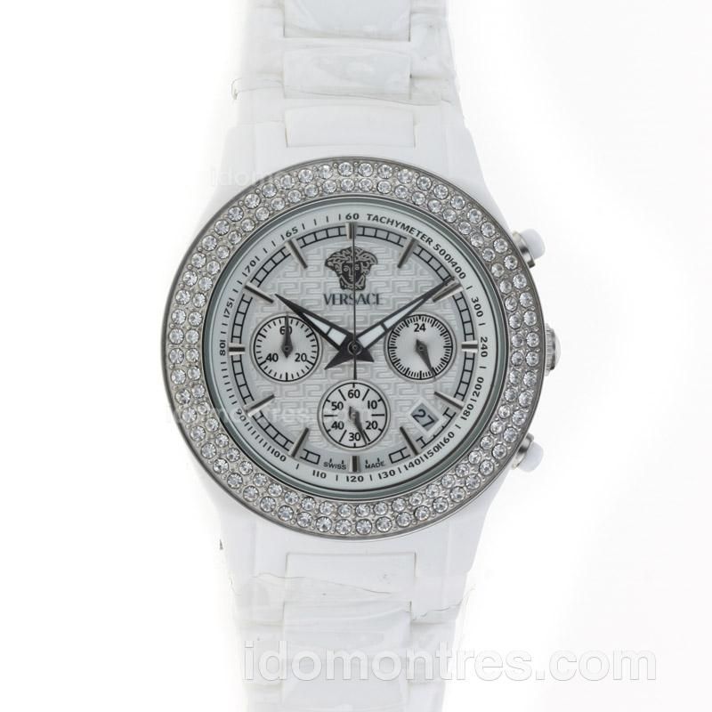 Versace DV One Working Chronograph White Ceramic Coated Diamond Bezel with White Dial