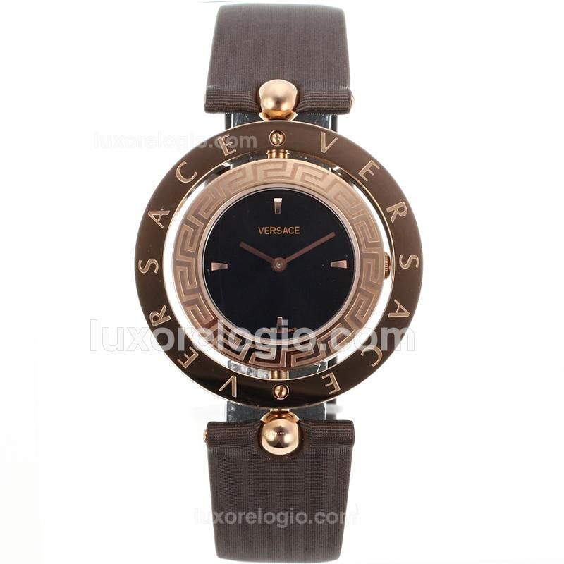 Versace Eon Rose Gold Case Black Dial With Brown Strap-Lady Size