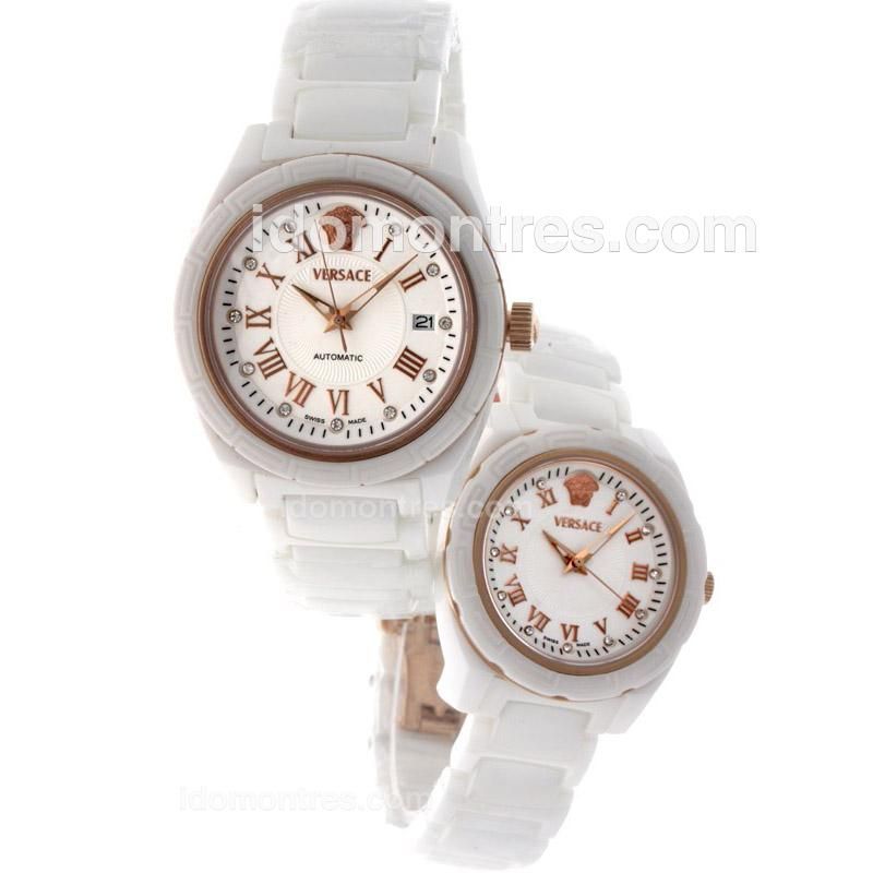 Versace Full White Authentic Ceramic Rose Gold Bezel with White Dial-Couple Watch