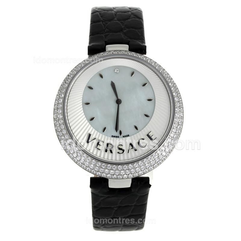 Versace Perpetuelle Diamond Bezel with Sunray Dial-Black Leather Strap