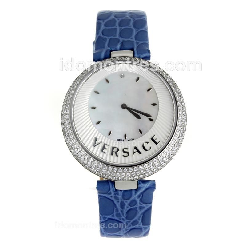 Versace Perpetuelle Diamond Bezel with Sunray Dial-Blue Leather Strap
