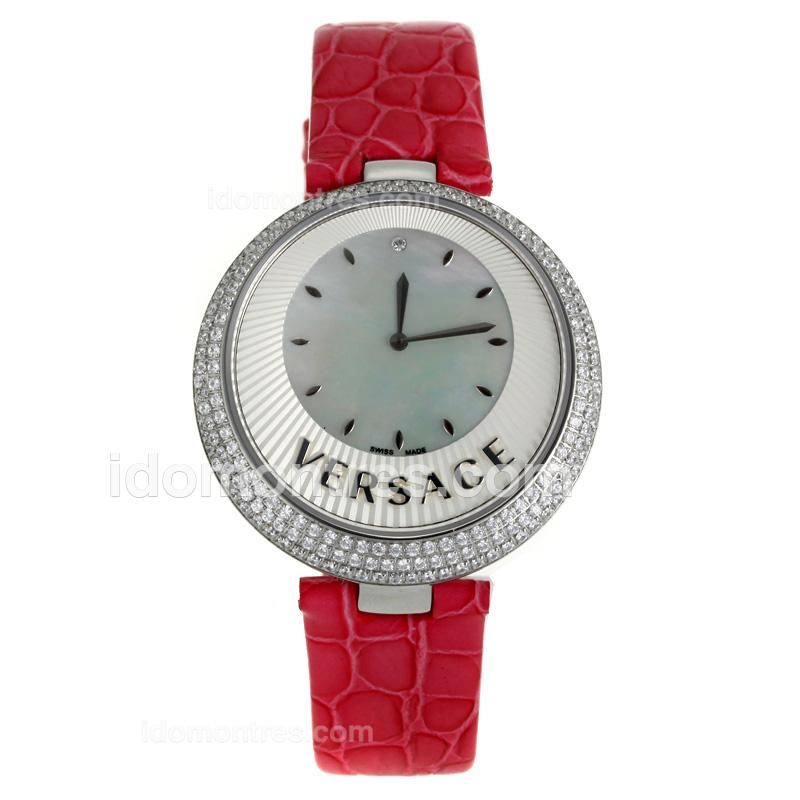 Versace Perpetuelle Diamond Bezel with Sunray Dial-Red Leather Strap