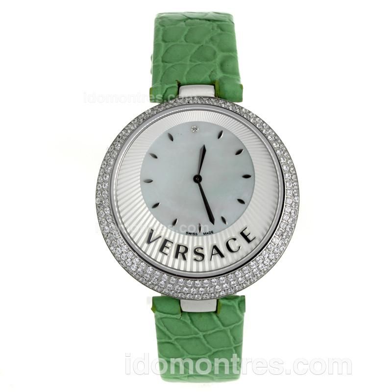 Versace Perpetuelle Diamond Bezel with Sunray Dial-Green Leather Strap