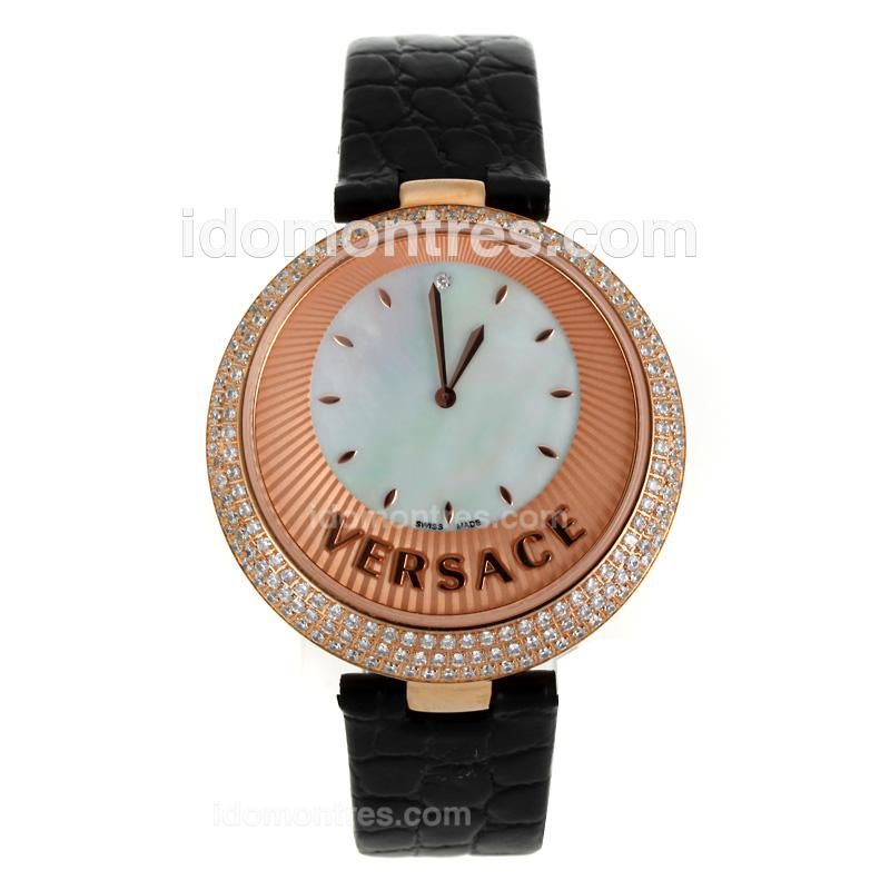 Versace Perpetuelle Rose Gold Case Diamond Bezel with Sunray Dial-Black Leather Strap