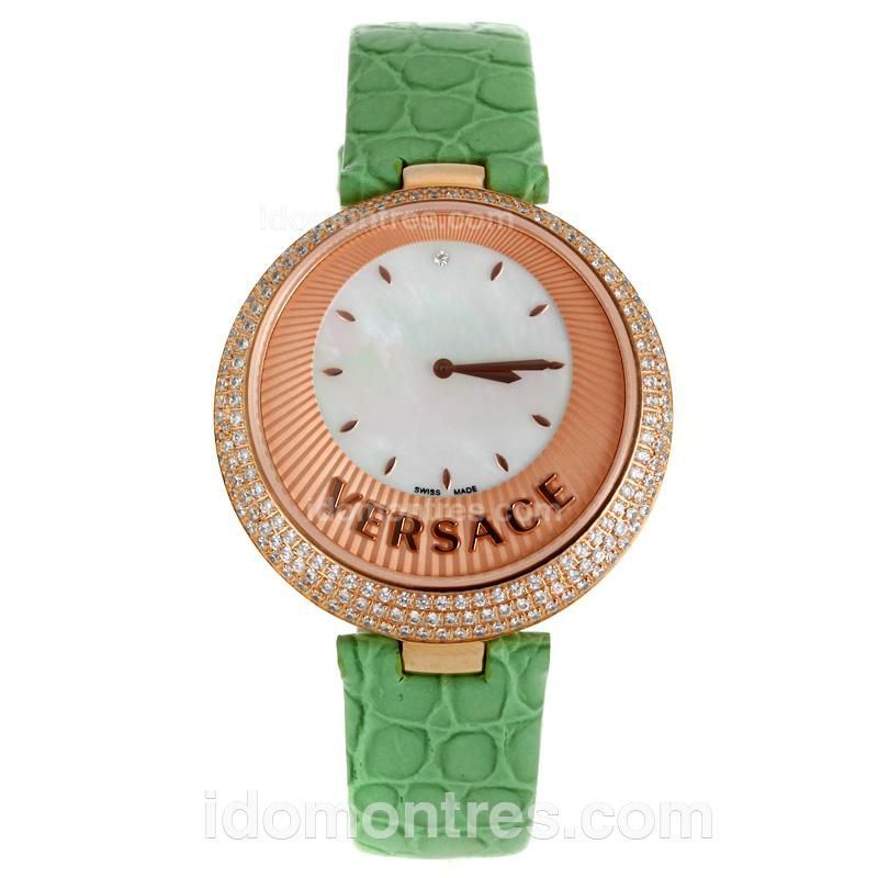Versace Perpetuelle Rose Gold Case Diamond Bezel with Sunray Dial-Green Leather Strap