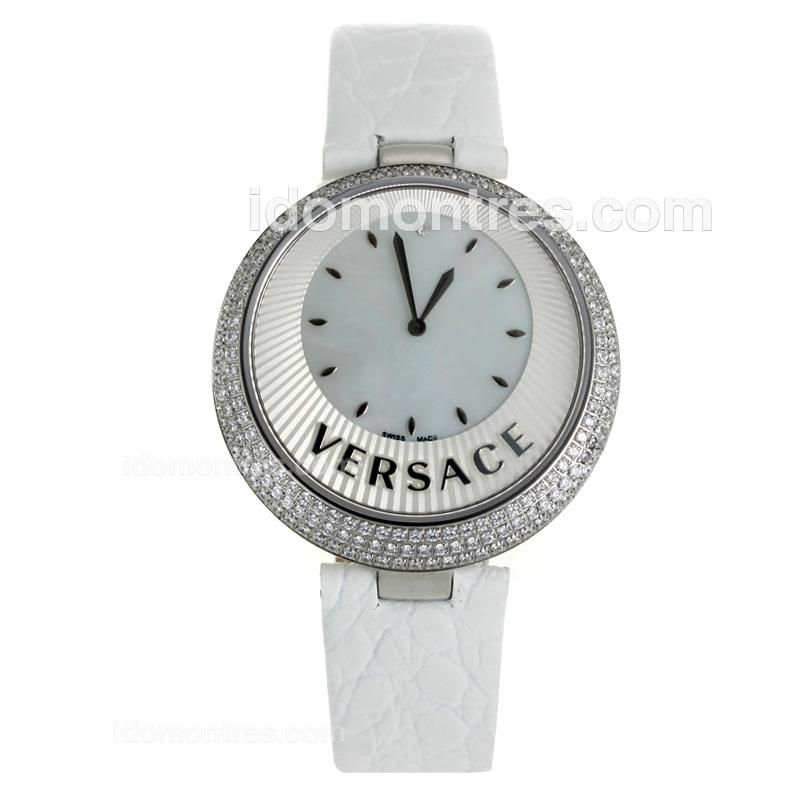 Versace Perpetuelle Diamond Bezel with Sunray Dial-White Leather Strap