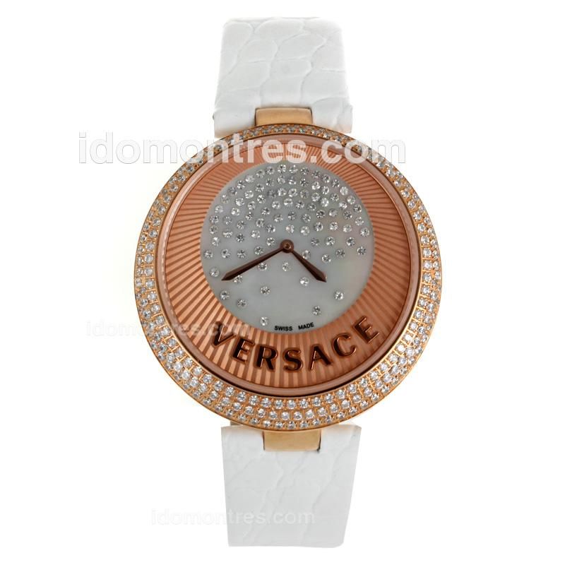 Versace Perpetuelle Rose Gold Case Diamond Bezel with Sunray/Diamond Dial-White Leather Strap