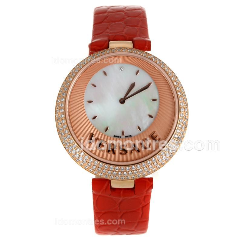 Versace Perpetuelle Rose Gold Case Diamond Bezel with Sunray Dial-Orange Leather Strap
