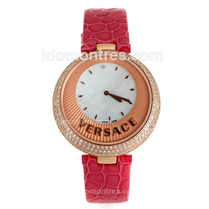Versace Perpetuelle Rose Gold Case Diamond Bezel with Sunray Dial-Red Leather Strap