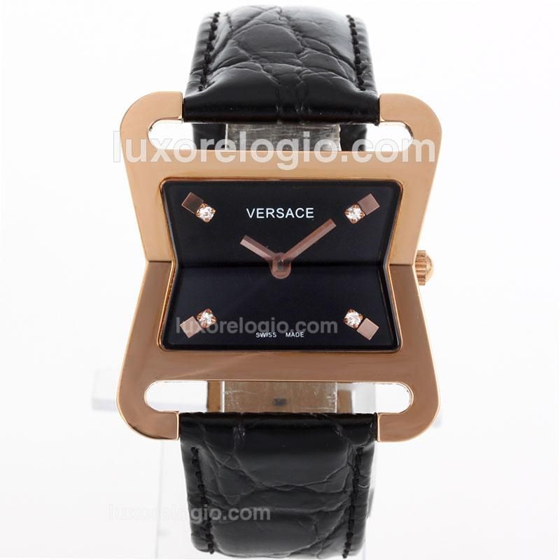 Versace Rose Gold Case with Black Dial-Black Leather Strap