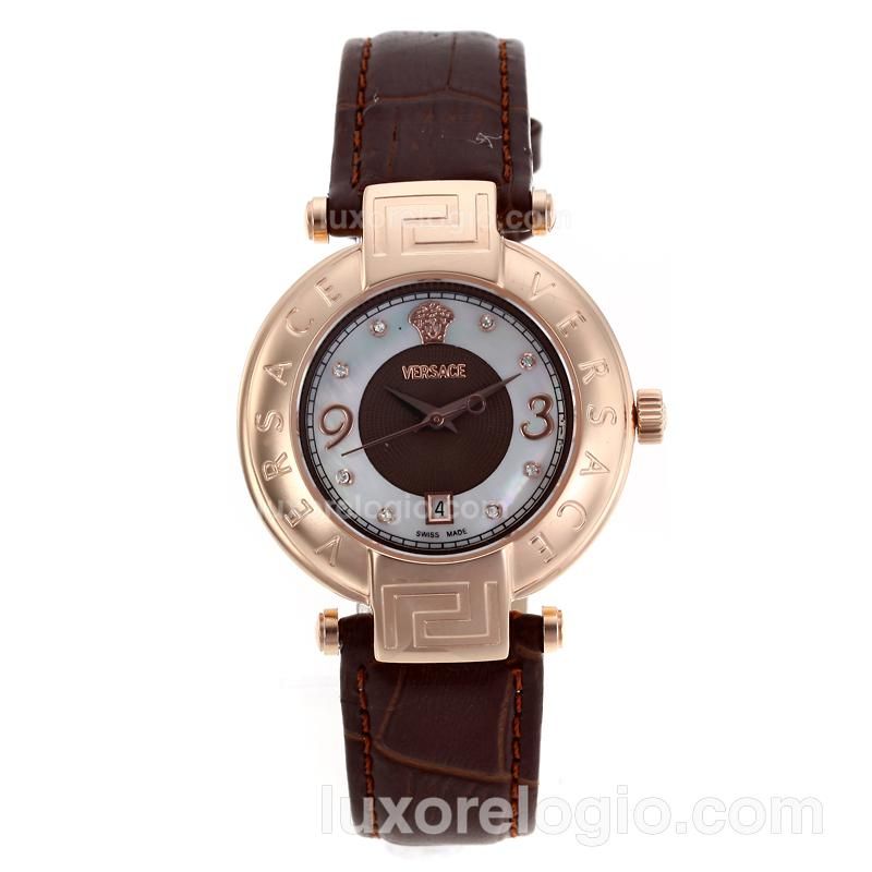 Versace Rose Gold Case with Brown/MOP Dial-Leather Strap