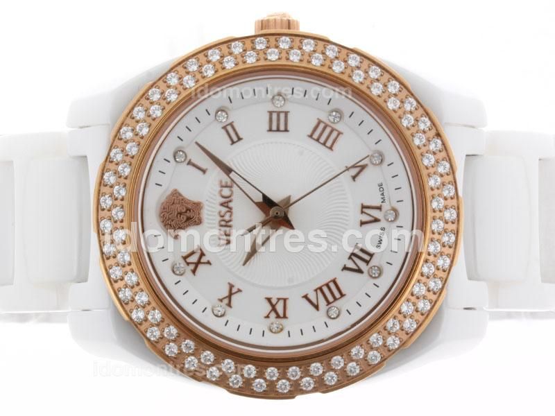 Versace White Ceramic Diamond Bezel with Rose Gold Markers