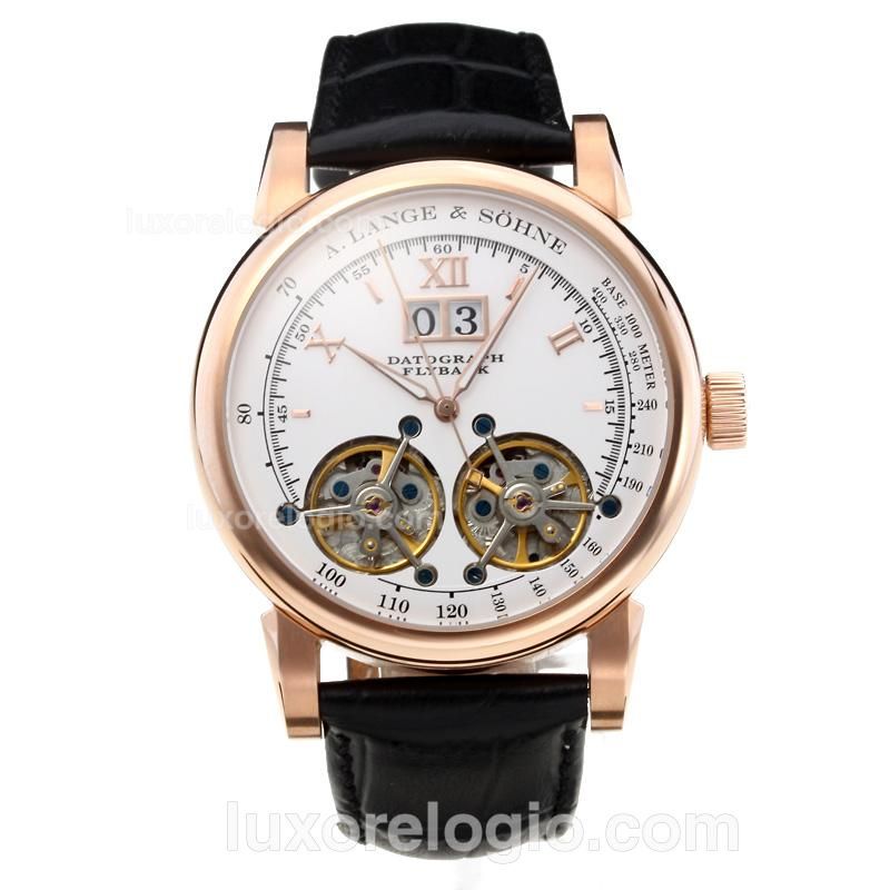 A Lange & Sohne Datograph Flyback Tourbillon Automatic Rose Gold Case with White Dial-Black Leather Strap