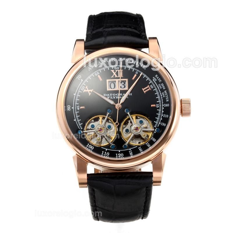 A Lange & Sohne Datograph Flyback Tourbillon Automatic Rose Gold Case with Black Dial-Black Leather Strap