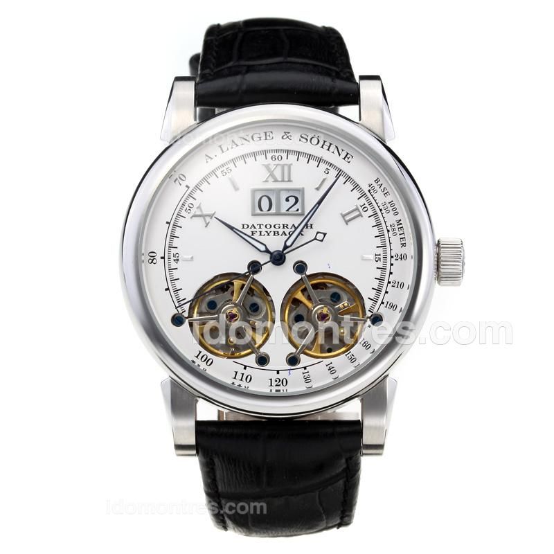 A Lange & Sohne Datograph Flyback Tourbillon Automatic with White Dial-Black Leather Strap