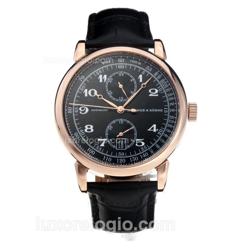 A.Lange & Sohne Automatic Rose Gold Case with Black Dial-Black Leather Strap