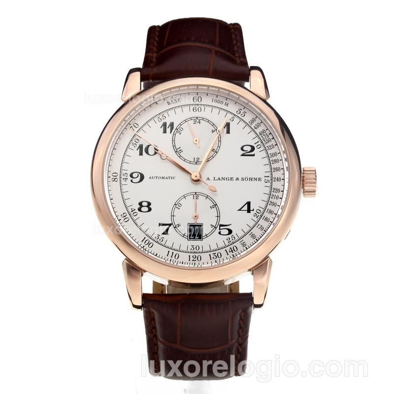 A.Lange & Sohne Automatic Rose Gold Case with White Dial-Brown Leather Strap